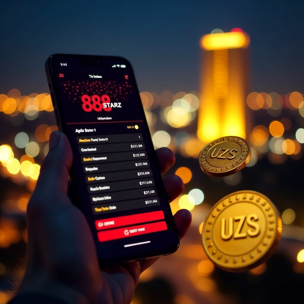 A hand holding a luxury smartphone displaying the official 888starz Uzbekistan app with its signature red and black interface, background is the Tashkent City skyline and Hilton tower at night with vibrant golden bokeh lights, 3D golden coins with UZS sym